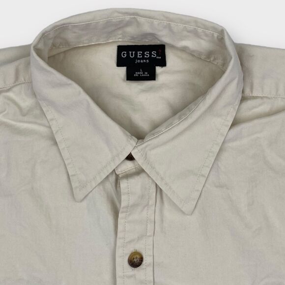 VINTAGE 90s Guess Shirt Mens Large Cream Twill Button Up Logo Casual Classic Fit - Picture 6 of 15